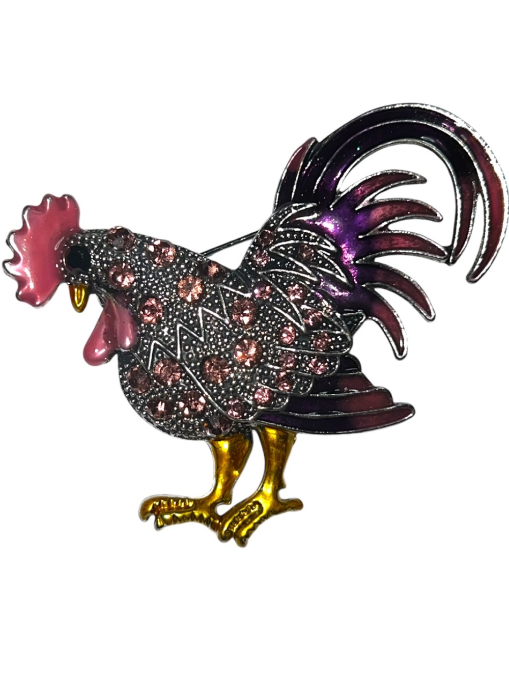 Vintage Embellished Rooster Brooch in Pink and Purple